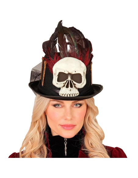 Chapeau haut-de-forme vaudou avec crâne et plumes pour Halloween