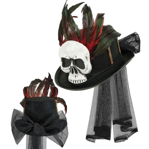 Chapeau haut-de-forme vaudou avec crâne et plumes pour Halloween