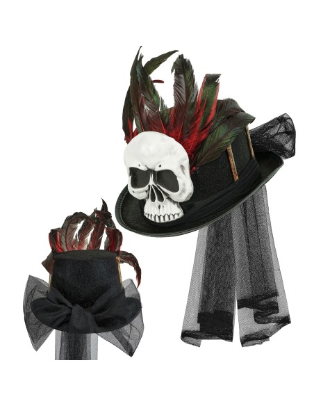 Chapeau haut-de-forme vaudou avec crâne et plumes pour Halloween