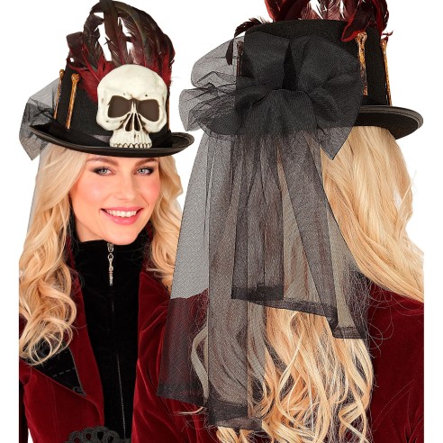 Chapeau haut-de-forme vaudou avec crâne et plumes pour Halloween