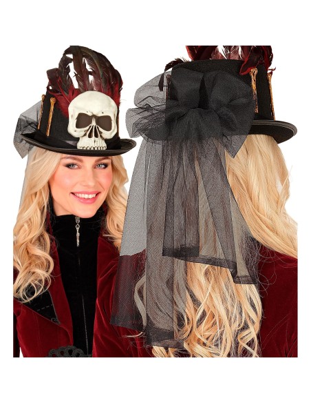 Chapeau haut-de-forme vaudou avec crâne et plumes pour Halloween