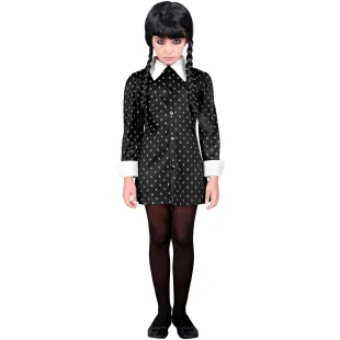 Déguisement Mercredi Addams robe noire avec col blanc