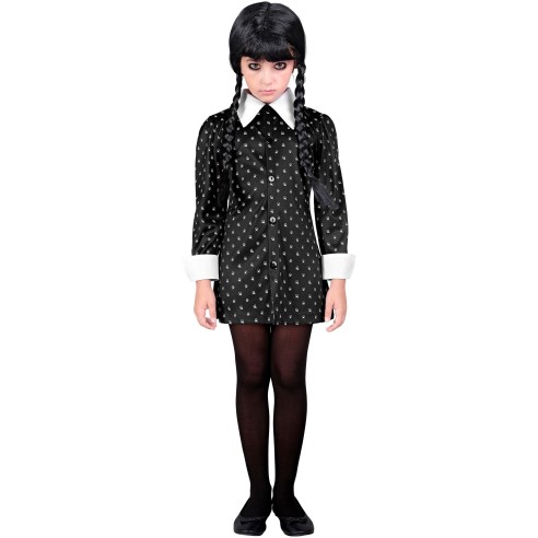 Déguisement Mercredi Addams robe noire avec col blanc