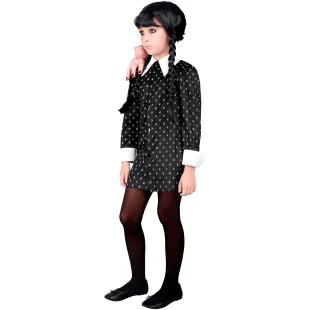 Déguisement Mercredi Addams robe noire avec col blanc 2