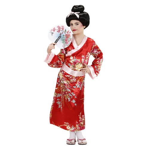 Déguisement de geisha rouge pour enfant avec kimono et ceinture