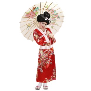 Déguisement de geisha rouge pour enfant avec kimono et ceinture
