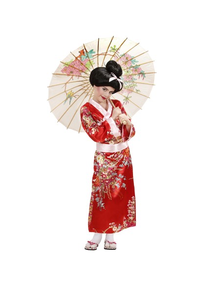 Déguisement de geisha rouge pour enfant avec kimono et ceinture