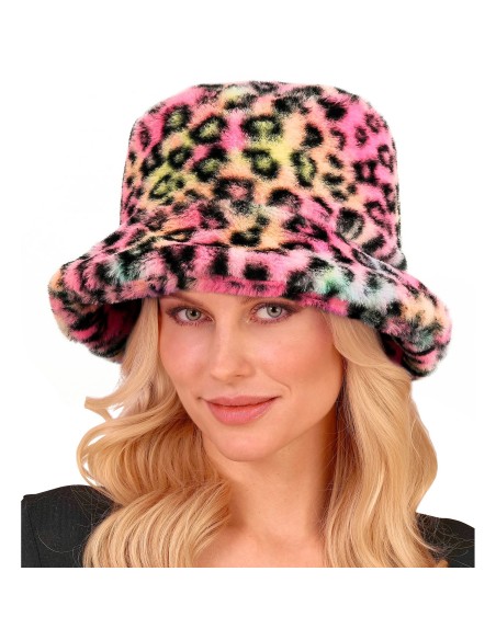 Chapeau pêcheur peluche léopard multicolore pour le carnaval