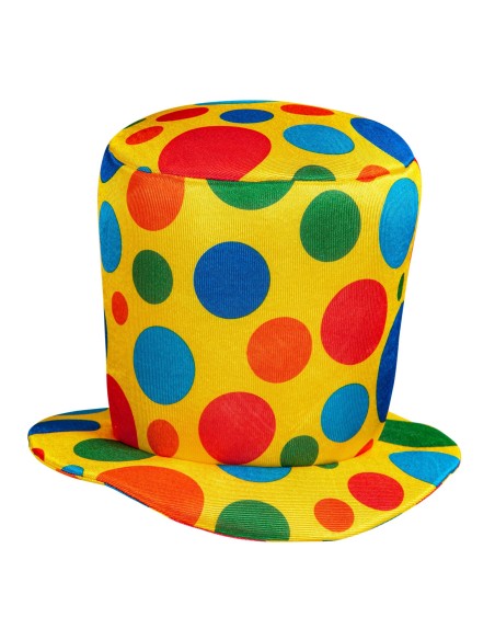 Chapeau de clown haut-de-forme jaune avec pois couleurs