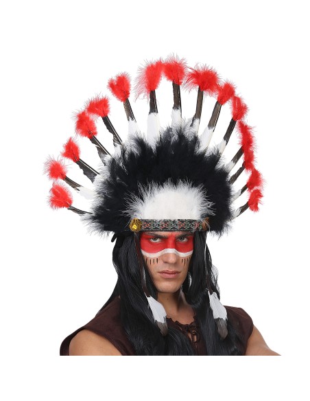 Coiffe de chef indien à plumes blanches, noires et rouges