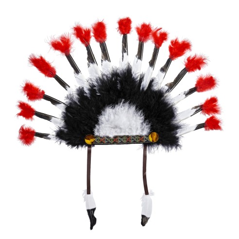 Coiffe de chef indien à plumes blanches, noires et rouges