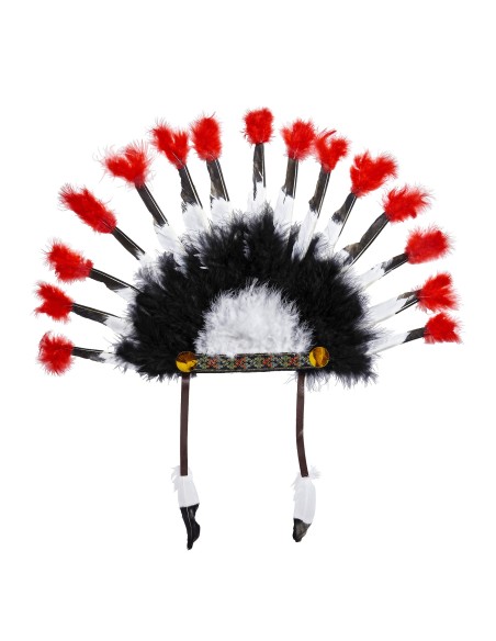 Coiffe de chef indien à plumes blanches, noires et rouges