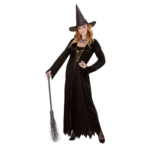 Longue robe noire de sorcière avec chapeau pour déguisement Halloween