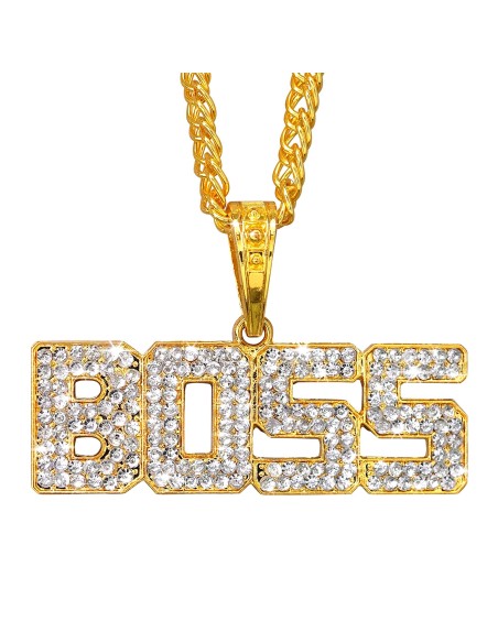 Collier or avec lettres BOSS strass argentés thèmes années 90/2000