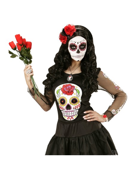 Collier avec petite rose noire et camée crâne bijou thème Halloween