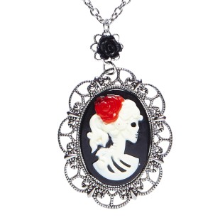 Collier avec petite rose noire et camée crâne bijou thème Halloween 2