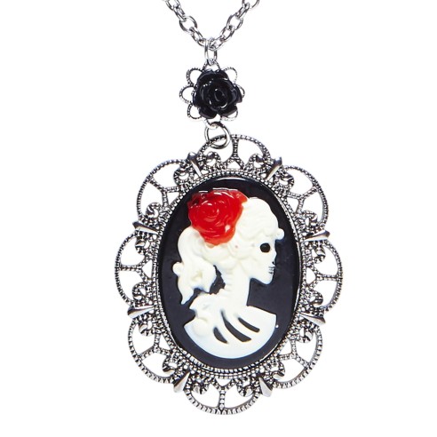 Collier avec petite rose noire et camée crâne bijou thème Halloween