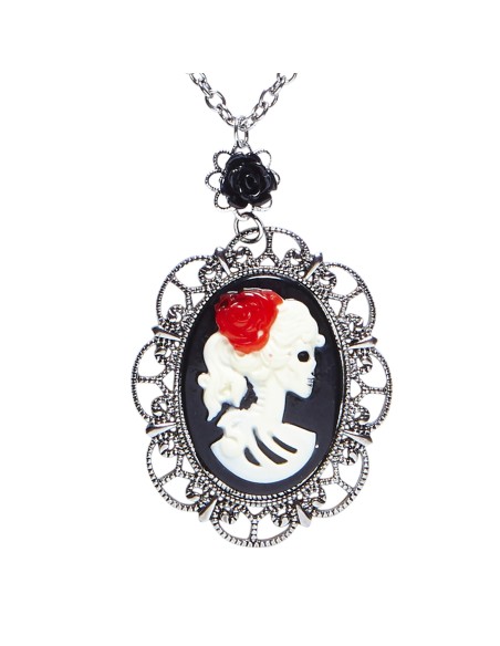Collier avec petite rose noire et camée crâne bijou thème Halloween