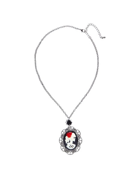 Collier avec petite rose noire et camée crâne bijou thème Halloween