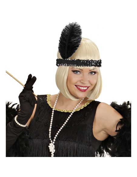 Bandeau noir charleston sequins brillants avec plume chez Festimania