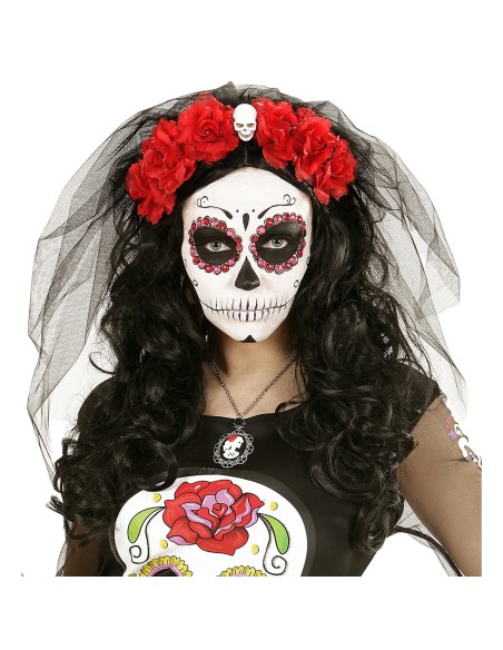 Voile noir avec roses rouges et crâne tête de mort Day of the Dead