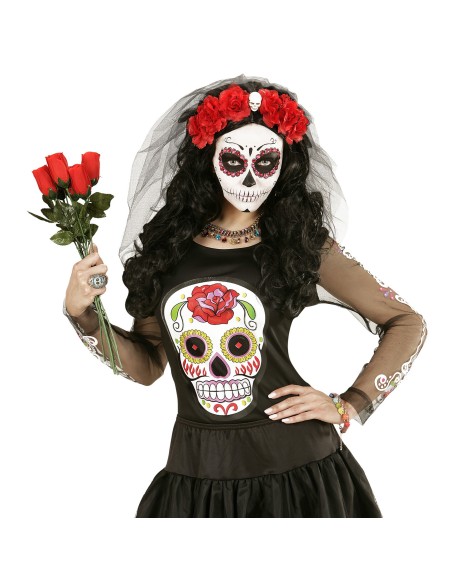 Voile noir avec roses rouges et crâne tête de mort Day of the Dead