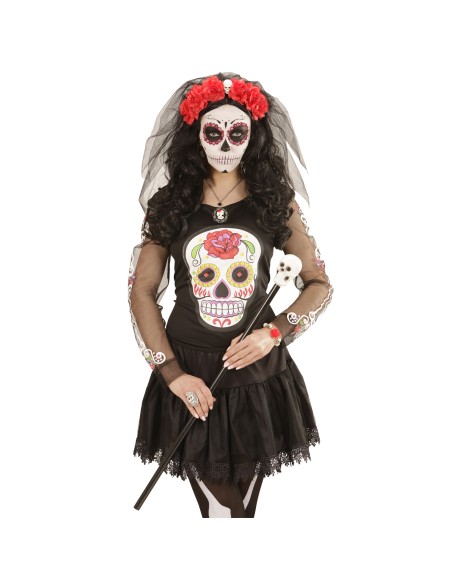 Voile noir avec roses rouges et crâne tête de mort Day of the Dead