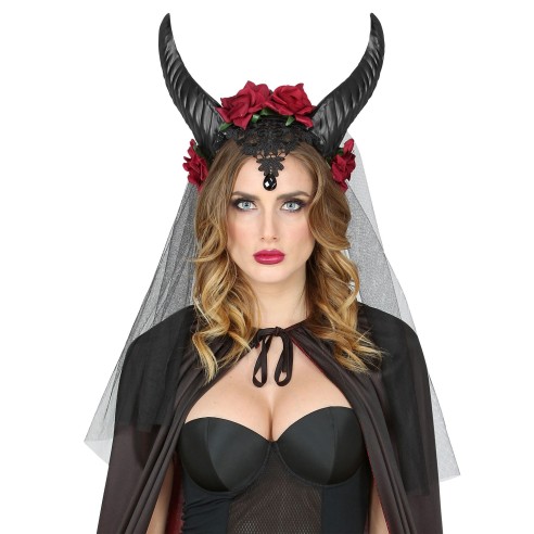 Voile de mariée avec roses et cornes pour déguisement Halloween