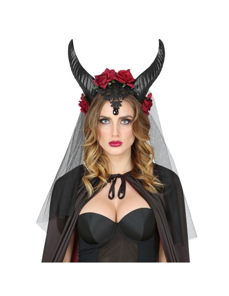 Voile de mariée avec roses et cornes pour déguisement Halloween