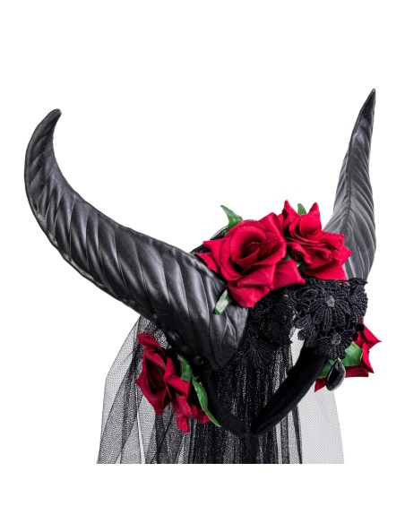 Voile de mariée avec roses et cornes pour déguisement Halloween