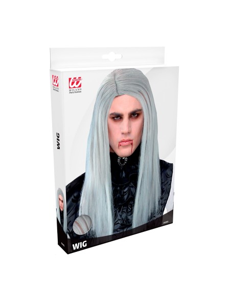 Perruque longue et grise pour jouer un rôle de vampire Halloween