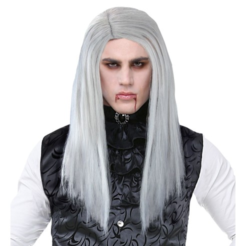 Perruque longue et grise pour jouer un rôle de vampire Halloween