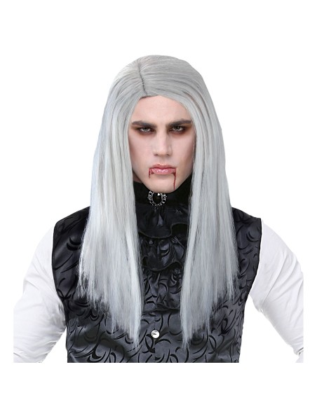 Perruque longue et grise pour jouer un rôle de vampire Halloween