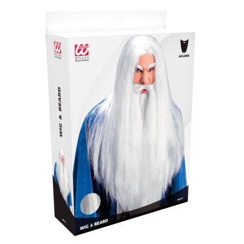 Barbe et perruque blanche et longue pour costume Merlin l'enchanteur