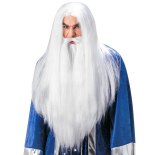 Barbe et perruque blanche et longue pour costume Merlin l'enchanteur