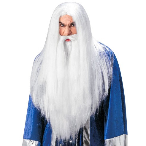 Barbe et perruque blanche et longue pour costume Merlin l'enchanteur