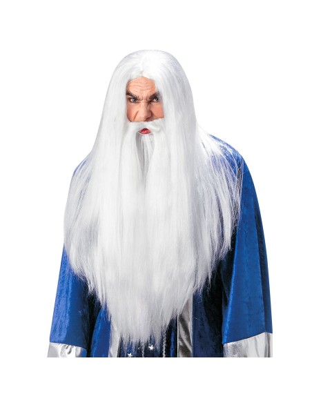 Barbe et perruque blanche et longue pour costume Merlin l'enchanteur