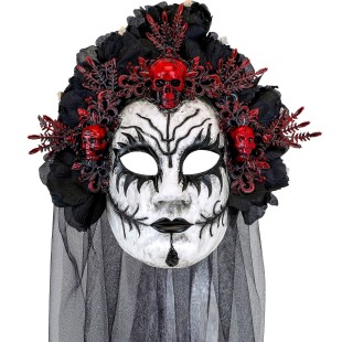 Masque reine des morts luxe avec voile et roses noires pour Halloween 2