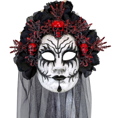 Masque reine des morts luxe avec voile et roses noires pour Halloween
