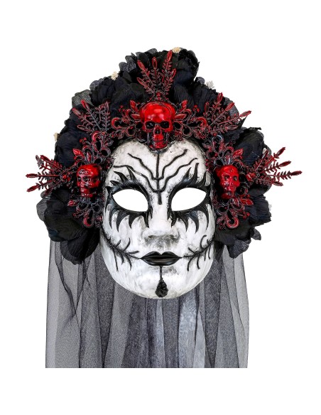 Masque reine des morts luxe avec voile et roses noires pour Halloween