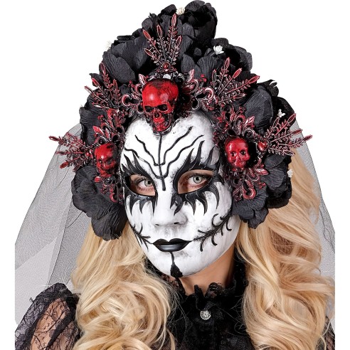 Masque reine des morts luxe avec voile et roses noires pour Halloween