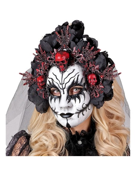 Masque reine des morts luxe avec voile et roses noires pour Halloween