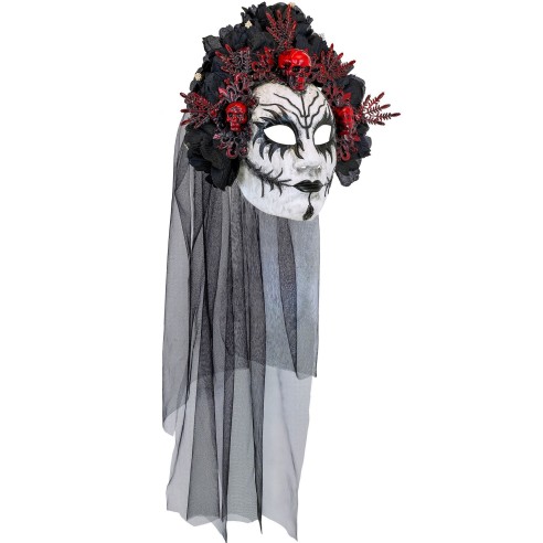 Masque reine des morts luxe avec voile et roses noires pour Halloween