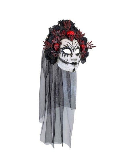 Masque reine des morts luxe avec voile et roses noires pour Halloween