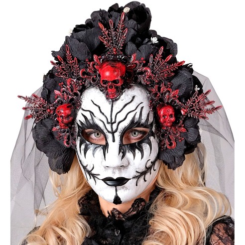 Masque reine des morts luxe avec voile et roses noires pour Halloween