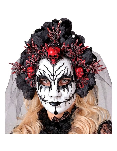 Masque reine des morts luxe avec voile et roses noires pour Halloween
