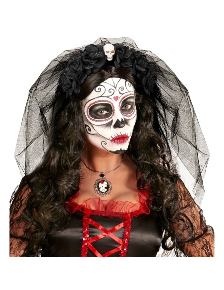 Voile avec roses noires et crâne tête de mort thème Day of the Dead