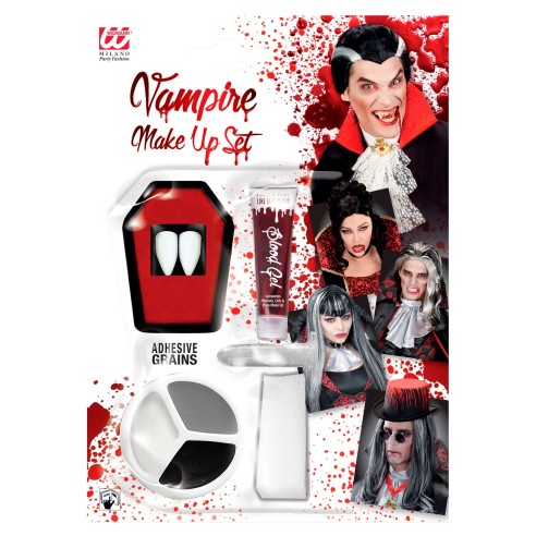 Kit maquillage vampire avec canines sang éponge et fards couleurs
