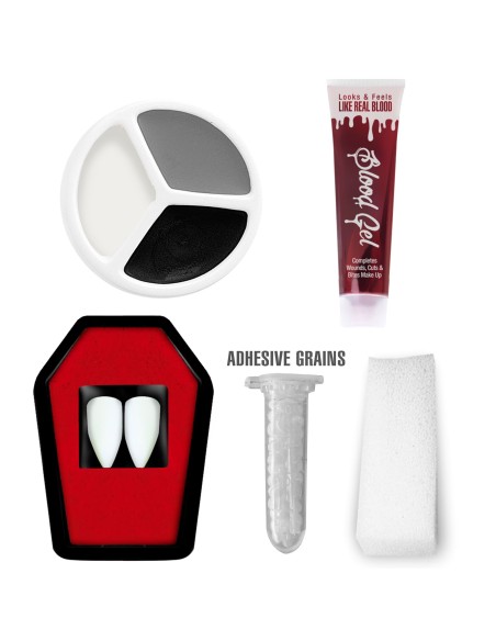 Kit maquillage vampire avec canines sang éponge et fards couleurs