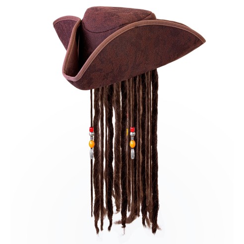 Tricorne pirate marron avec cheveux dreadlocks pour déguisement
